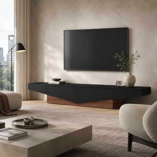 PREMTURE Mueble TV 200 cm Negro Nogal con 3 cajones | Ancho 200 cm 3 cajones Negro Nogal Diseño moderno Gran almacenaje Mueble bajo Salón contemporáneo