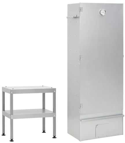LoogCape Räucherofen mit Tisch aus verzinktem Stahl, outdoor geeignet, mit Thermometer, 44,5 x 29 x 110 cm, inklusive Haken, Rost, Ablageflächen, ideal für Fleisch, Fisch, Würstchen, BBQ, Camping