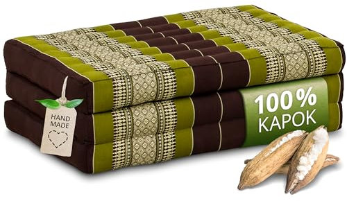 livasia Nachhaltige Kindermatratze aus Kapok - 140x70x8cm - Klappmatratze, Reisebett Kinderbett faltbar, ökologische Yogamatte klappbar, Spielmatte, Liege für Garten und Balkon (Braun/Grün)