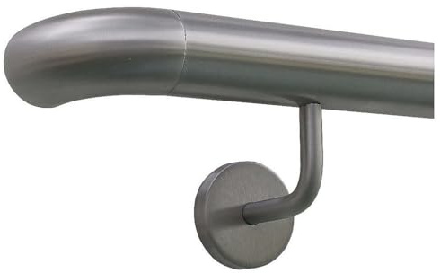 TIBU Handlauf Geländer Edelstahl Ø 42,4 mm - Länge 130 cm - Ende Bogen zur Wand und gewinkelte Halter - Rostfrei für Außen und Innen