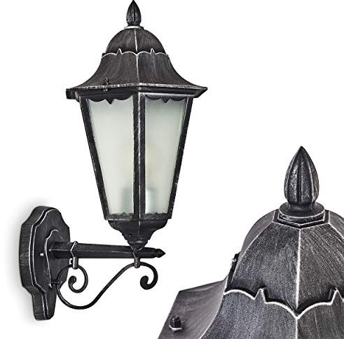 Außenwandleuchte Lignac Frost, Wandlampe aufwärts in antikem Look, Aluguß in Schwarz/Silber m. Milchglas-Scheiben, Wandleuchte m. E27-Fassung, Außenleuchte für Terrasse u. Hof, ohne Leuchtmittel