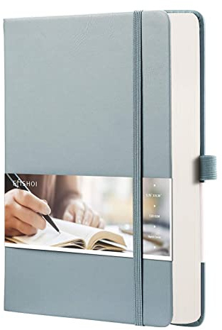 EMSHOI Dotted Notizbuch – A5 gepunktetes Raster-Tagebuch mit 256 Seiten, 120 g/m² dickes Papier, 8 perforierte Seiten, glattes PU-Leder, Innentasche, 14 x 21 cm, graublau