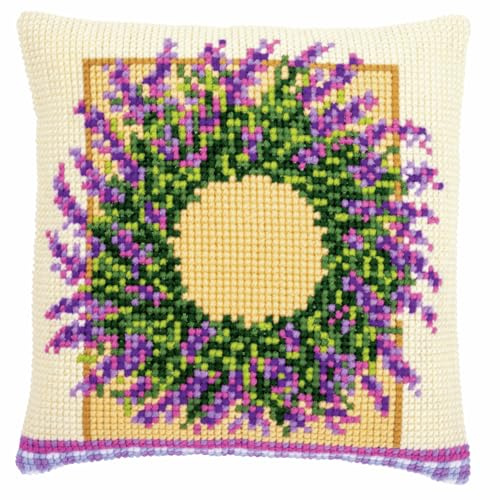 Vervaco Kreuzstich Stickpackungen Kissen Stickerei Set Anfänger Vorgedruckt Lavendelkranz DIY Set Kreativ Set Für Erwachsene Dekoratives Kissen ca. 40 x 40 cm Bastelset Handwerker Haus Dekoration