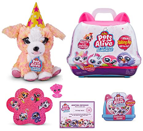 Pets Alive Pet Shop Surprise - Spielset Tierhandlung Serie 1 Geburtstagsparty Welpe, Interaktives Plüschstier mit elektronischer Sprech- und Wiederholungsfunktion