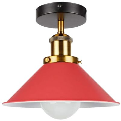 DC VOLTAGE Industrial Flush Mount Ceiling Light with Red Conical Shade and E27 Brass Holder 22cm Semi Flush Light Fitting for Kitchen, Bedroom, Hallway, Cafe, Living Room with Bulb