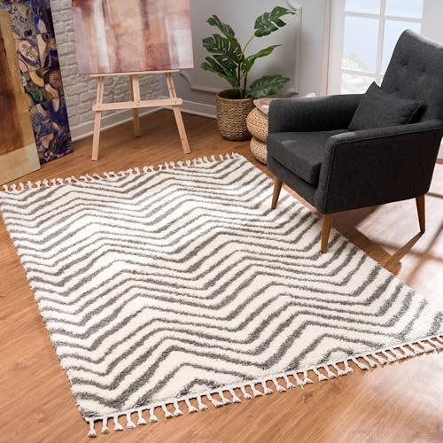 MyShop24 Teppich Wohnzimmer Shaggy - Creme Grau - 140x200cm - Schlafzimmer Soft Hochflor mit Fransen Flauschig im trendigen Berber Muster - Oeko Tex 100 Standard - Allergiker geeignet