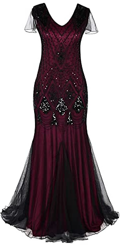 Flapper Dresses 1920s Gatsby - Womens Vintage V Neck Beaded Sequin Mermaid Hem Formal Evening Party Dresses Plus Size Cocktail Maxi Gown Prom Halloween Fancy Dress Costume Black + Red 2XL