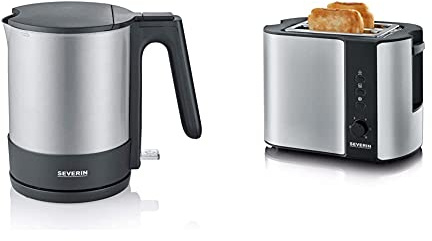 SEVERIN WK 3409 Wasserkocher, 2200, Kunststoff, 1.7 liters, Edelstahl-gebürstet-schwarz & Automatik-Toaster, Inkl. Brötchen-Röstaufsatz, 2 Röstkammern, 800 W, AT 2589, Edelstahl/Schwarz
