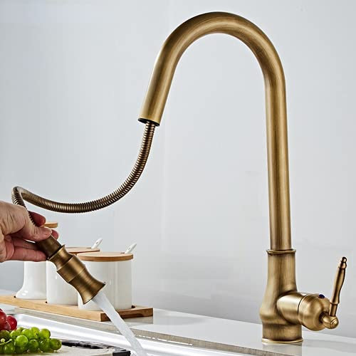Pull Out Kitchen Sink Faucets Antique Gold Brass Tap Hot Cold Water Mixer Gooseneck Luxury Vintage