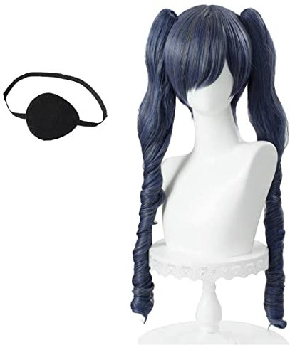GZIRUE Blaugraue Lange Locken Wellen Perücke Haar mit Pferdeschwänze Augenklappe für Ciel Phantomhive Cosplay Wig Female Anime Kostüm
