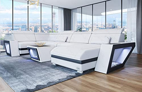 Wohnlandschaft Catania U Form Ledersofa mit Beleuchtung Sofa mit USB-Ports Kopfstützen Couch in Leder (Ottomane rechts, Weiß-Schwarz)