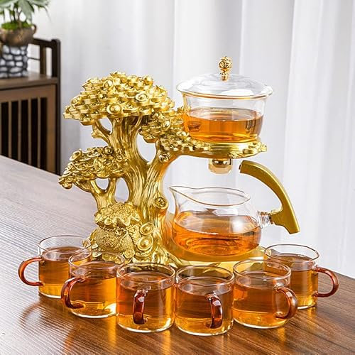 RORA Lazy Kungfu Glas-Teeset, halbautomatisch, tropfenförmig, mit Teesieb, Glas-Teekannen-Set (Geldbaum-Teeset + 6 Tassen)