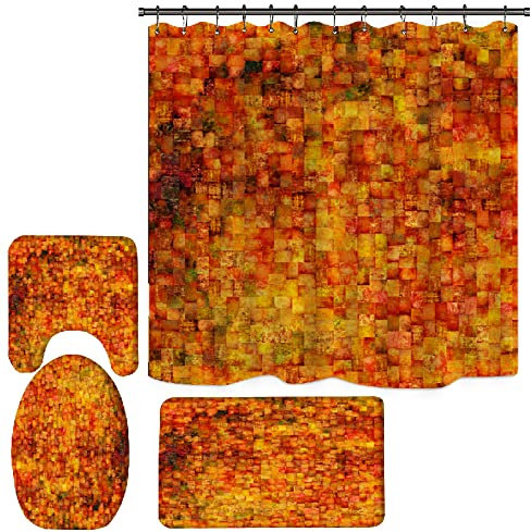 Badezimmerteppich Orange Gelb Badematte Set 3 Teilig,Teppich Badvorleger rutschfeste (45x75)+U-Typ Wasseraufnahme Schmutzfangmatte +Schnelltrocknend Toilet Fußmatte