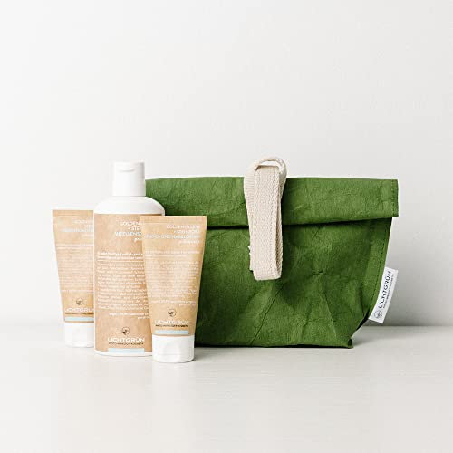 Geschenkset Frauen Goldener Bio Lein LICHTGRÜN® | Gratis Kulturtasche | Gesichtsreinigung, Feuchtigkeitscreme, Hand- und Nagelcreme | Vegane Phyto-Wirkstoffkosmetik
