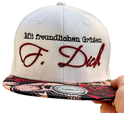 Outfitfabrik Snapback Cap Mit freundlichen Grüßen F. Dich in weiß, Schirm mit Rosen-Skull-Motiv, 3D-Stick, für Männer und Frauen, One Size, verstellbar