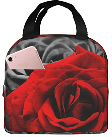XVBCDFG Bolsa de almuerzo de rosas blancas y rojas negras, bolsa de almuerzo de aislamiento térmico grueso de papel de aluminio portátil bolsa de almacenamie