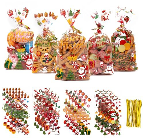 Larcenciel 100 Stück Cellophantüten Weihnachten, 4 Arten von Plätzchentüten Süßigkeiten Tüten mit Süßer Weihnachtsmann und Schneemann, Zellophantüten Weihnachtstüten für Kekse, Süßes, Popcorn, 28x14cm