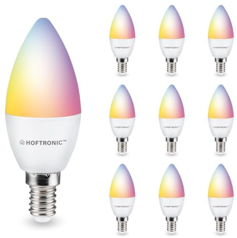 HOFTRONIC - 10er Smart Home E14 LED Lampe C37 kerzenleuchte - Farbig RGBWW - 5,5 Watt 470 Lumen - WiFi + Bluetooth - Steuerbar via Handy und Sprache (Google Home, Alexa und Siri)