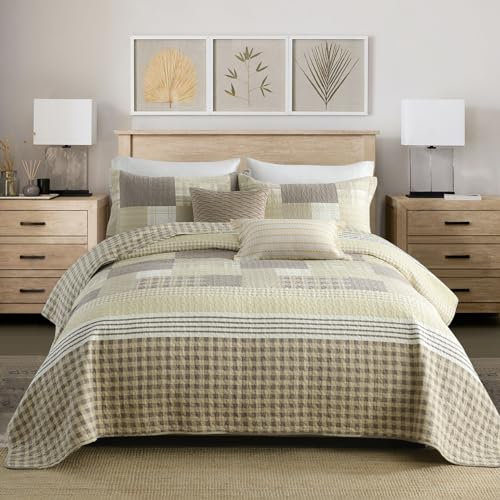 QuiltEase Plaid Quilts King Size – King Quilt Set, 100 % Baumwolle, Landhaus, Patchwork, wendbar, weich, leicht, Steppdecke, Bettdecke, Bettdecke (Khaki, King – 3-teilig)