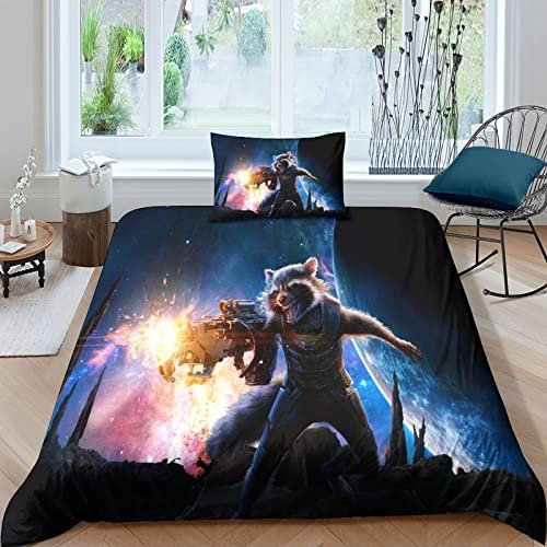 Guardians of The Galaxy Bettbezug Set Gedruckte Bettwäsche Rocket Raccoon Quilt Cover Mit Reißverschluss,3Stücke Tröster Bezug,Weiche Leichte Mikrofaser Für Kinder Teens Erwachsene Single(135x200cm