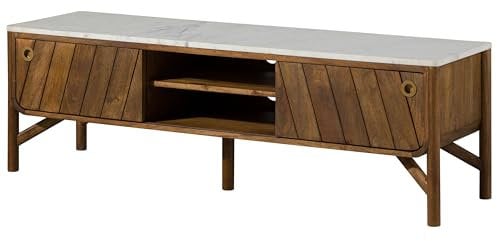 MASSIVMOEBEL24.DE | LOS Angeles TV-Board aus Massivholz #101 | aus Mangoholz - braun/weiß geölt | 160x45x50 cm | 6 Fächer | Schiebetüren | Lowboard mit weißer Marmor Platte