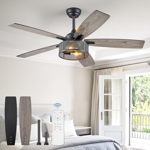 Farmhouse Ceiling Fans with Lights and Remote, 52 Inch Industrial Black Caged Ceiling Fans for Living Room Bedroom Kitchen, 6 Speed Reversible Quiet DC Motor, Dual Finish 5 Blades
