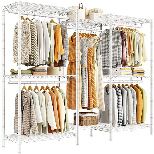 REIBII Clothes Rack, 380KG Heavy Duty Clothes Rail for Bedroom, Metal Clothes Hanging Garment Rack Coat Rail Freestanding, Portable Closet Open Wardrobe with Shelving, 195H x 190W x 45D cm, White