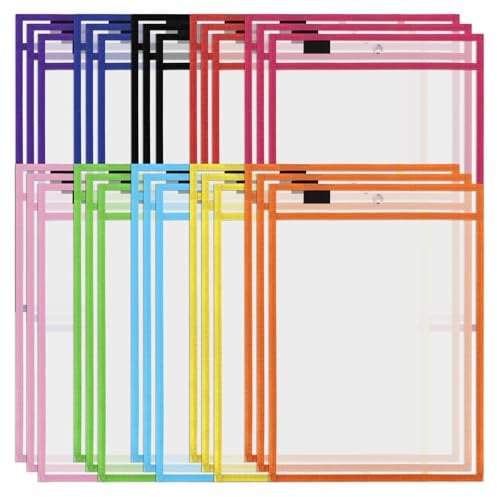 Kopinma A4 Dry Erase Pockets, 30 Pack PVC Transparent Dry Erase File Holders, A4 Plastic Wallets Folders, Reusable Clear Easy-Load Sleeves for Classrooms, Home & School Work Fit's Paper, 25.5 * 35cm
