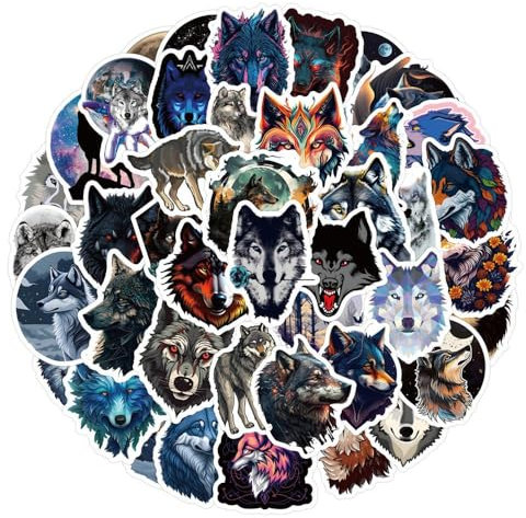 Aeromdale Wasserdichte Vinyl-Aufkleber, 60 Stück/Set, Scrapbook Graffiti-Aufkleber für Wasserflasche, Computer, Skateboard, Roller, Gitarre, Gepäck, Auto, Motorrad, Fahrrad, Laptop, Aufkleber – Wolf –