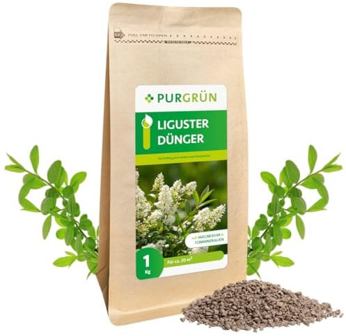 Purgrün® Liguster-Dünger 1 kg – Extra Magnesium für sattgrüne Blätter – Erhöhte Widerstandskraft dank Kalium – Schnelles Wachstum für eine dichte Hecke – Heckendünger für ca 30 Heckenpflanzen