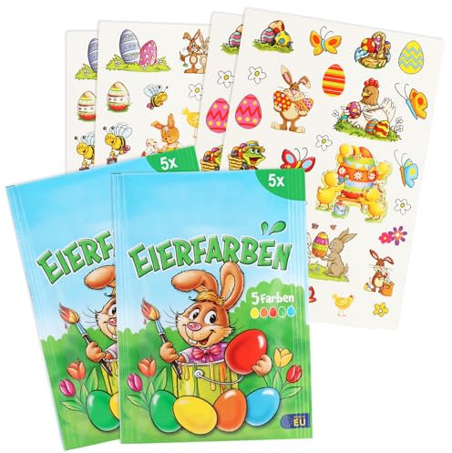 com-four® 2x All-in-One Kreativ-Set - Eierfarben-Pulver und Oster-Sticker - bunte Farben für weiße und braune Eier - Farbe und Aufkleber für Ostereier (010x Farbe/100x Sticker)