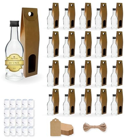 20 Mini Bouteilles en Verre 40ml avec Bouchon a Vis Noir + Boîte + Sceau + Étiquette Kraft + Fil | Mignonnettes Alcool 4cl, Petites Fioles Échantillons | Idéal pour Licor | Cadeaux, Mariages et Fetes