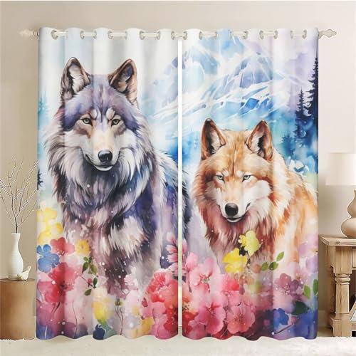 CYSYLQW Wolf Blickdichter Vorhänge Wolf Mit Ösen Tier Verdunkelungsvorhänge 2er Set Gardinen für Dekoration Kinderzimmer Wolf Verdunkelungsvorhang-Set (4,100 x 140 cm(2X50X140cm))
