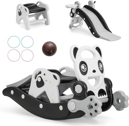 DREAMADE Toboggan Enfant, 4 en 1 Cheval à Bascule pour 3 Ans+, Jouet Amovible en HDPE avec Panier de Basket, Basket-Ball, Lancer d’Anneaux, 50 KG de Charge (Panda)