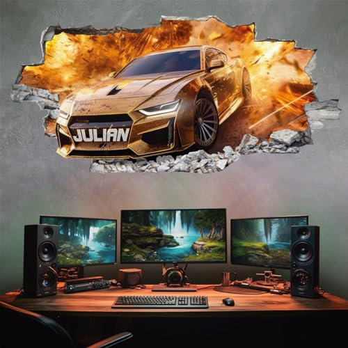 tjapalo® vz112 3D Wandtattoo Gamer Mit Namen, Gaming Bild Auto, Kinderzimmer Rennauto, Jugendzimmer Jungs Wandbild Autos, Größen Name: B100xH48cm