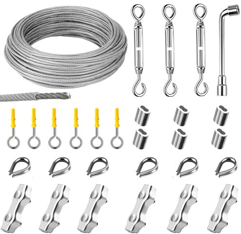 Kit de câble métallique 3 mm et 30 m, gainé en PVC, fil métallique en acier inoxydable 304, kit de serrage 7 x 7, avec tendeur de fil à tendeur pour plantes grimpantes, cordes à linge, kit de câble
