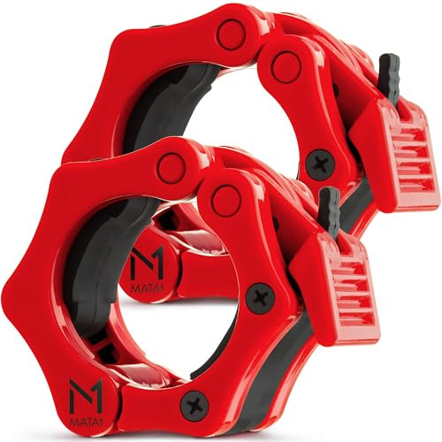 Mata1 Premium Olympic Barbell Clamps (1 Pair, Red), Ultimate Locking Weight Clips for Weightlifting & Bodybuilding Training, Standard 2 / 5 cm Barbell Collars w/Quick-Release Mechanism