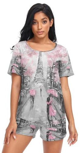 HMZXZ Ensemble de pyjama pour femme - Tour Eiffel Paris - Fleur rose - Vêtements de nuit d'été - Vêtements de nuit - Short à thème France Paris - Ensemble de détente pour femmes et filles,