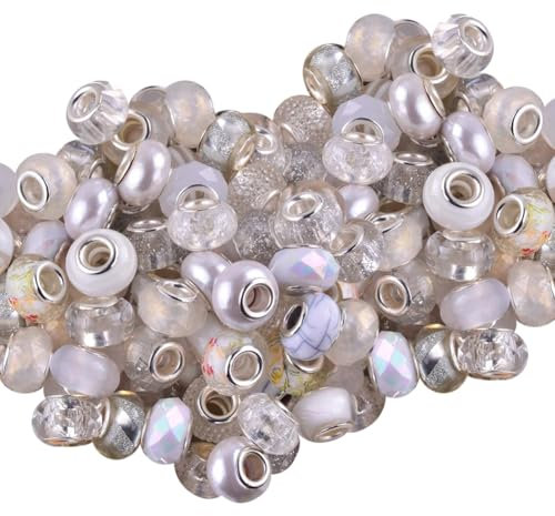 FSSTUD Glasperlen mit großem Loch, 15 mm, weiß, 60 Stück, Rund, Craftbead, Perlen