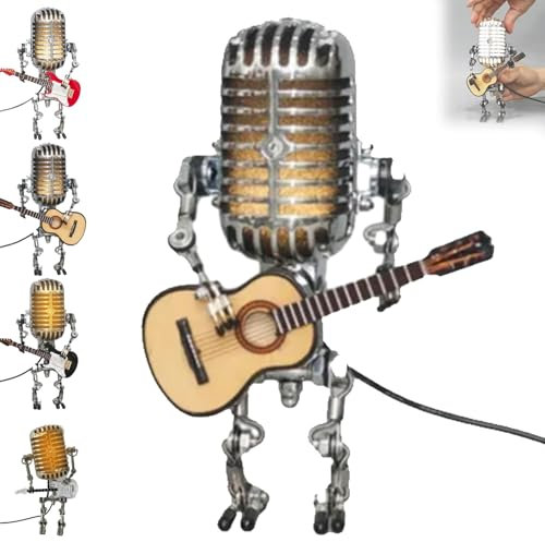 Emottle Mic Robot, Vintage Microphone Guitar Robot Lamp, Music Gifts for Men, Cool Gifts for Music Lovers, Vintage Light Home Decor Nightstand Desk Lamp for Bedroom, Music Studio(Yellow A)