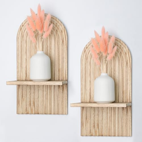 YiYa 2 Pcs Wood Shelves for Wall Decor Modern Boho Wall Shelf Arch Wood Floating Shelf Rustic Shelves Display Shelving for Hanging Plants Photo for Living Rooms Bathroom