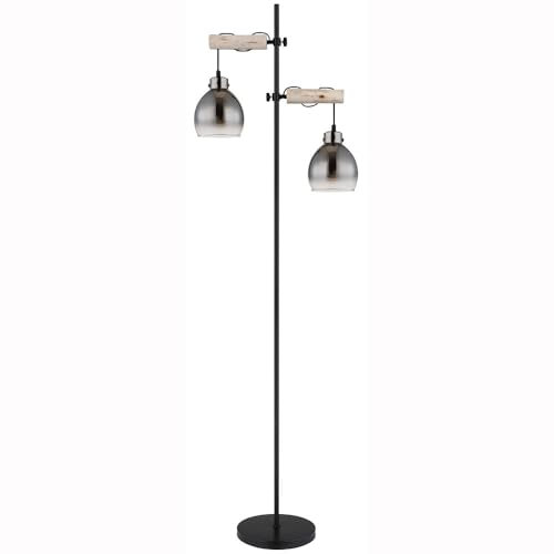 Stehlampe 2 flammig Stehleuchte höhenverstellbar Beistelllampe Wohnzimmerlampe Holzleuchte Rauchglas, 2x E27, L 48 x 168 cm