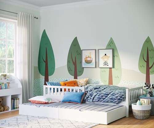 Bellabino Vils Kinderbett 90x200 cm – Einzelbett ausziebar auf 90x190 cm mit 2 Matratzen, Rausfallschutz & Lattenrost in Weiß – Montessori Kinder Bett aus Kiefer Massivholz für Jungen und Mädchen