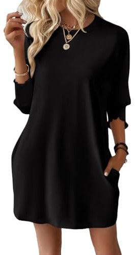Dokotoo Womens Dresses Summer 2025 Fashion 3/4 Sleeve Elastic Smocked Crewneck with Pockets Solid Color Spring Casual Women's Mini Dress Black 2XL