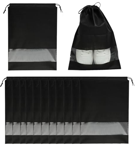 Pack of 12 Shoe Bags, Wasserdicht und Staubdicht, Reise Schuhsack mit Kordelzug, Transparentes Fenster, Multifunktionaler Organizer, Schwarz (44 x 32 cm)