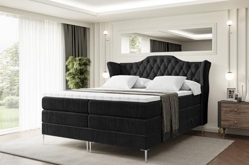 ALTDECOR Boxspringbett mit Silber Füßen, Matratze und Lattenrost, Topper, Polsterbett mit Bettkasten, Bett mit Stauraum H3- und H4- Matratze, Doppelbett -Vila-FS KING-200x200 - Schwarz Casablanca