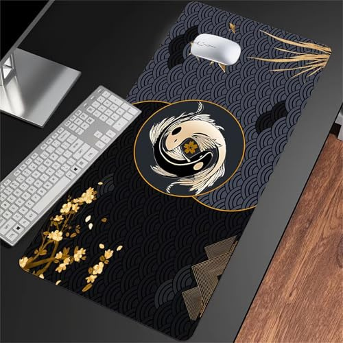 Gaming Mauspad Groß Mousepad 800x400x3mm Yin Yang Fisch Mauspad XXL mit Rutschfester Basis Waschbares Schreibtischunterlage für Zuhause, Büro, Gamer