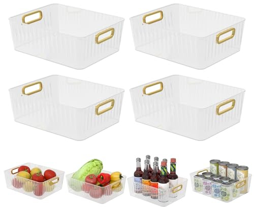 Vadidiya 4 Packs Clear Plastic Storage Bins, Pantry Organizer Containers | Storage Basket with Handle for Kitchen, Fridge, Cupboard, Shelves