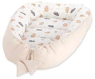 Babynest Neugeborene – Zweiseitiger Baby-Kokon aus Baumwolle Waffel & Musselin – 2 in 1 Nest & Wickelauflage – passend für FabiMax Beistellbetten & Kinderbetten (Tierchen)