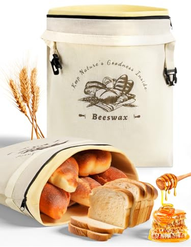 Weenkler Bolsa de Pan de Cera de Abeja Lote de 2 – Bolsas de Almacenamiento de Lino Reutilizables con Cremallera y Asas para Pan de Masa Madre Casero, 30 x 40 cm